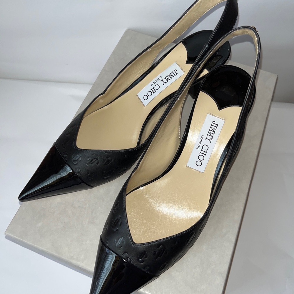 Jimmy Choo Black Monogram JC print and patent sling backs size $39'5
